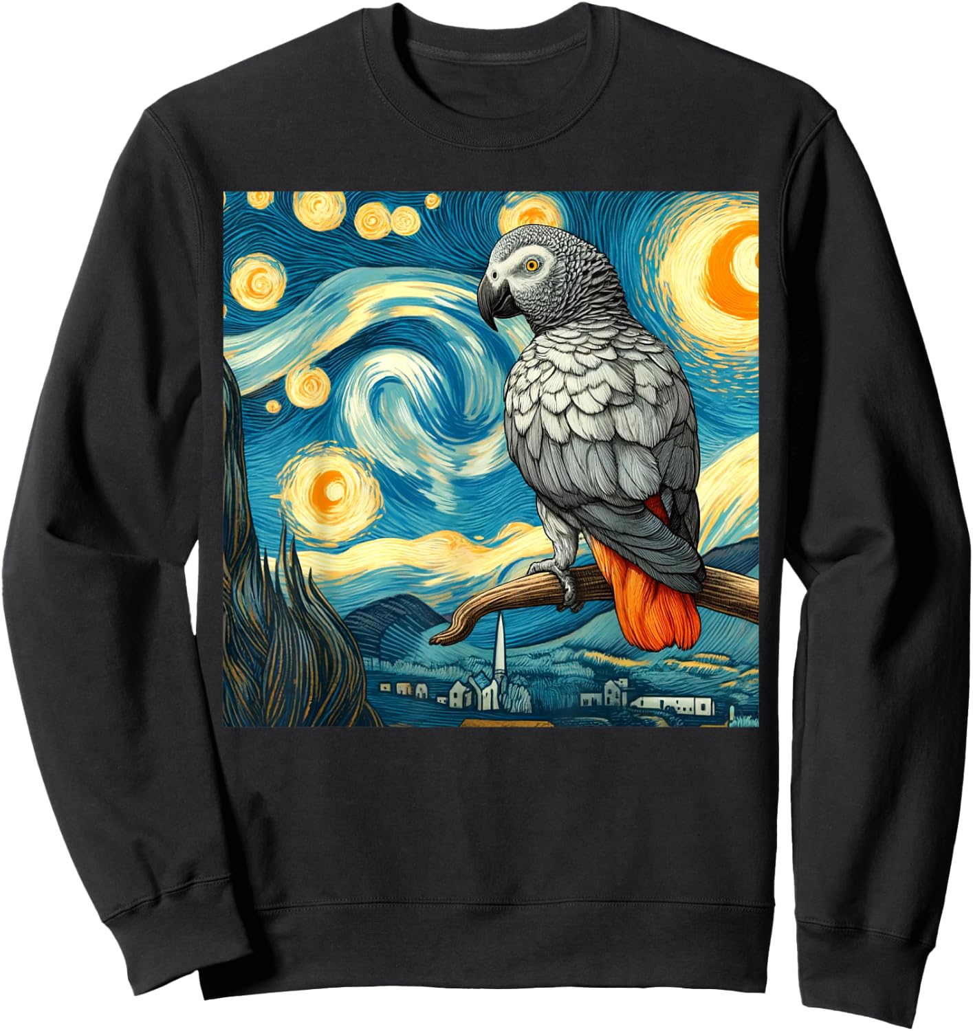 African Grey Parrot Owner Bird Lover Starry Night Van Gogh Sweatshirt - Sweatshirt | Black
