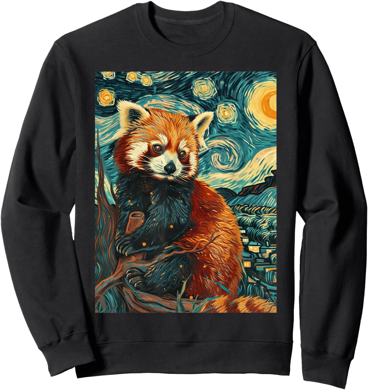 Red Panda Starry Night Van Gogh Graphic Sweatshirt - Sweatshirt | Black