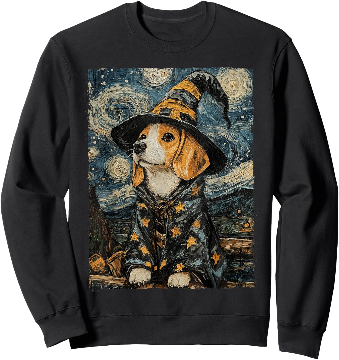 Beagle Witch Costume Painting Starry Night Dog Sweatshirt - Sweatshirt | Black