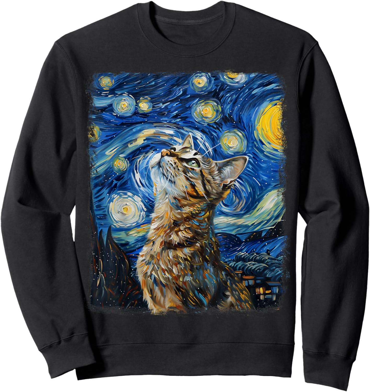 Tabby Cat Orange Cat Starry Night Painting Sweatshirt - Sweatshirt | Black