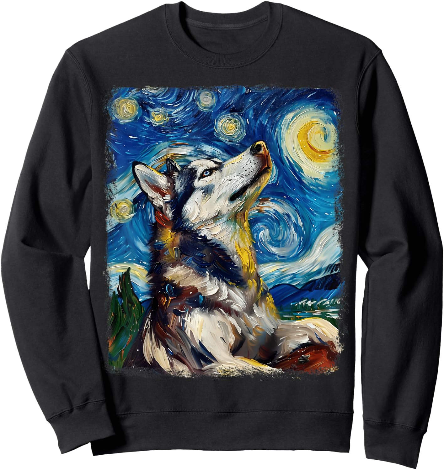 Siberian Husky Dog Starry Night Painting Sweatshirt - Sweatshirt | Black