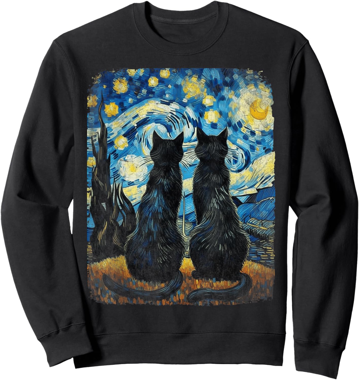Cat Gifts for Cat Mom Dad Starry Night Van Gogh Cat Sweatshirt - Sweatshirt | Black