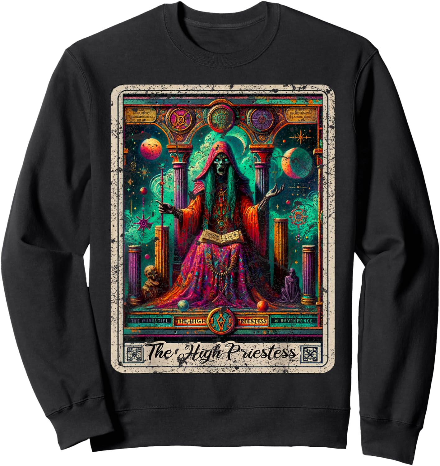 The High Priestess Vintage Tarot Card Graphic Print Sweatshirt - Sweatshirt | Black