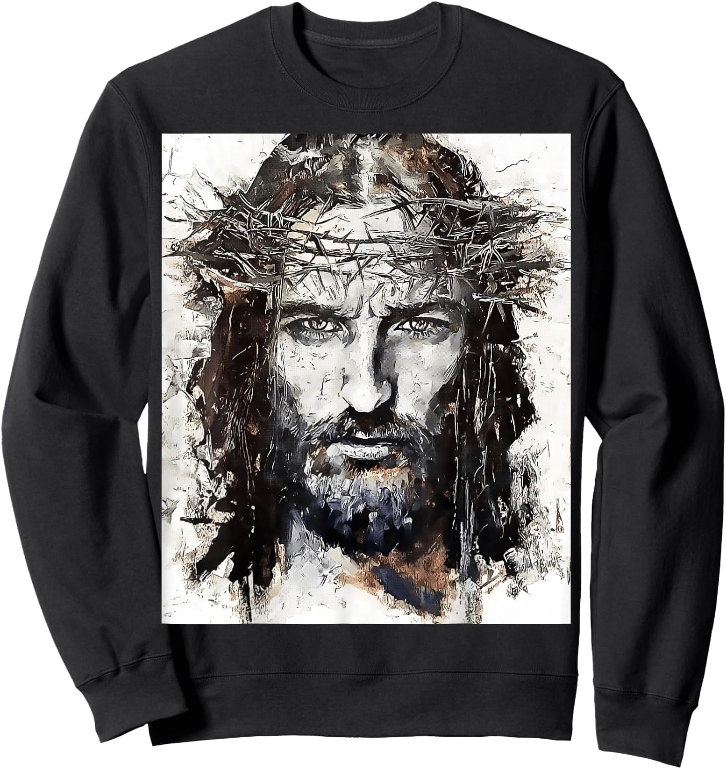 Vintage Art Face Of Jesus On A Cross With Crown Of Thorns Sweatshirt - Sweatshirt | Black