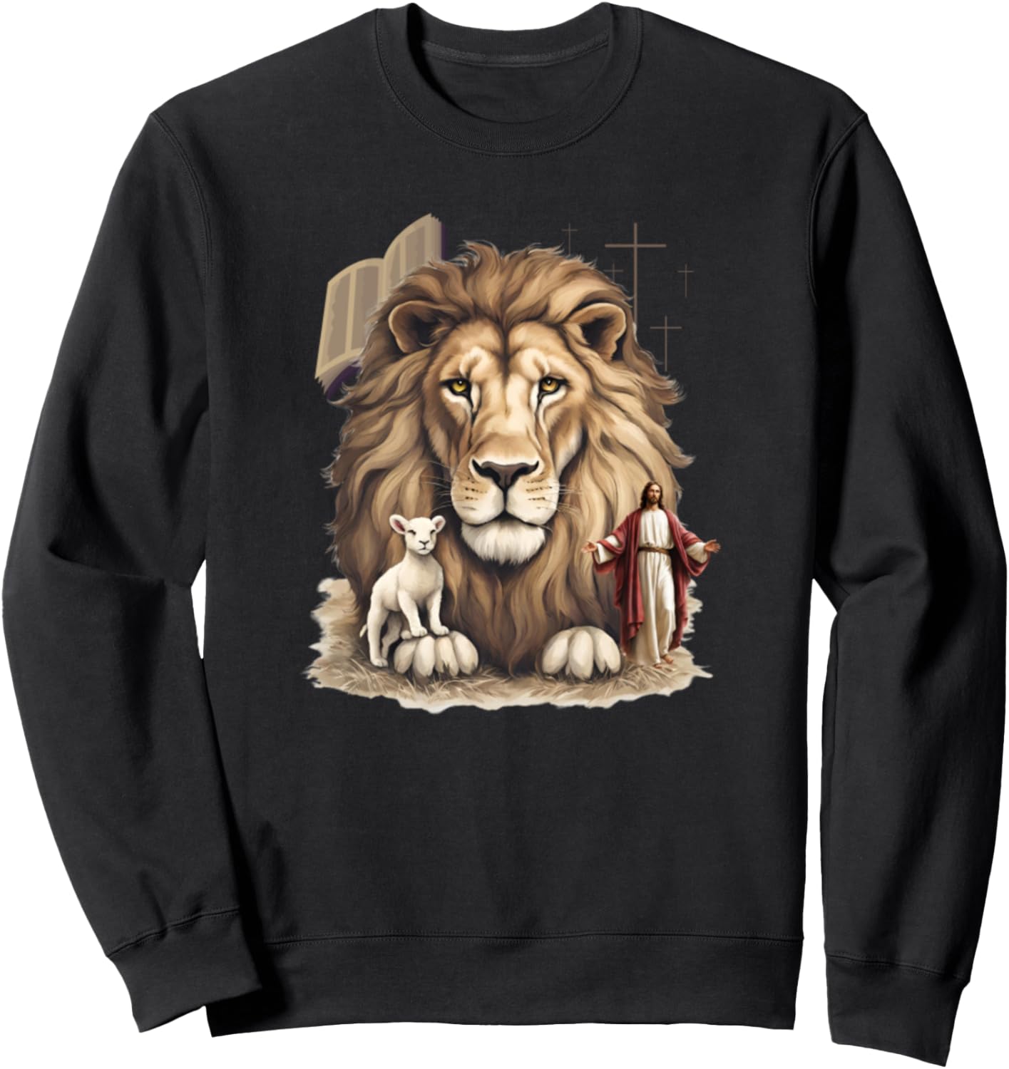 Vintage Jesus Lion Lamb Bible Cross Christian Faith Sweatshirt - Sweatshirt | Black