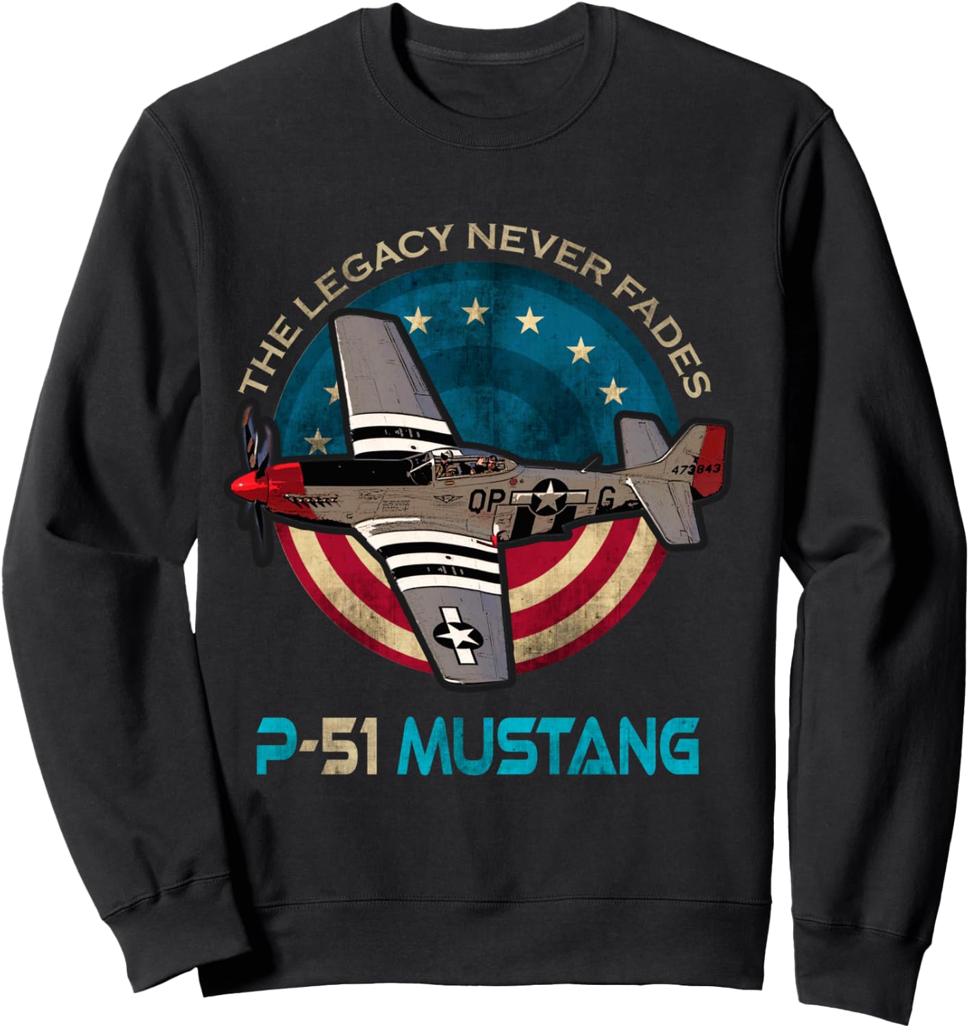 P-51 Mustang American WW2 Fighter Airplane Vintage USA Flag Sweatshirt - Sweatshirt | Black