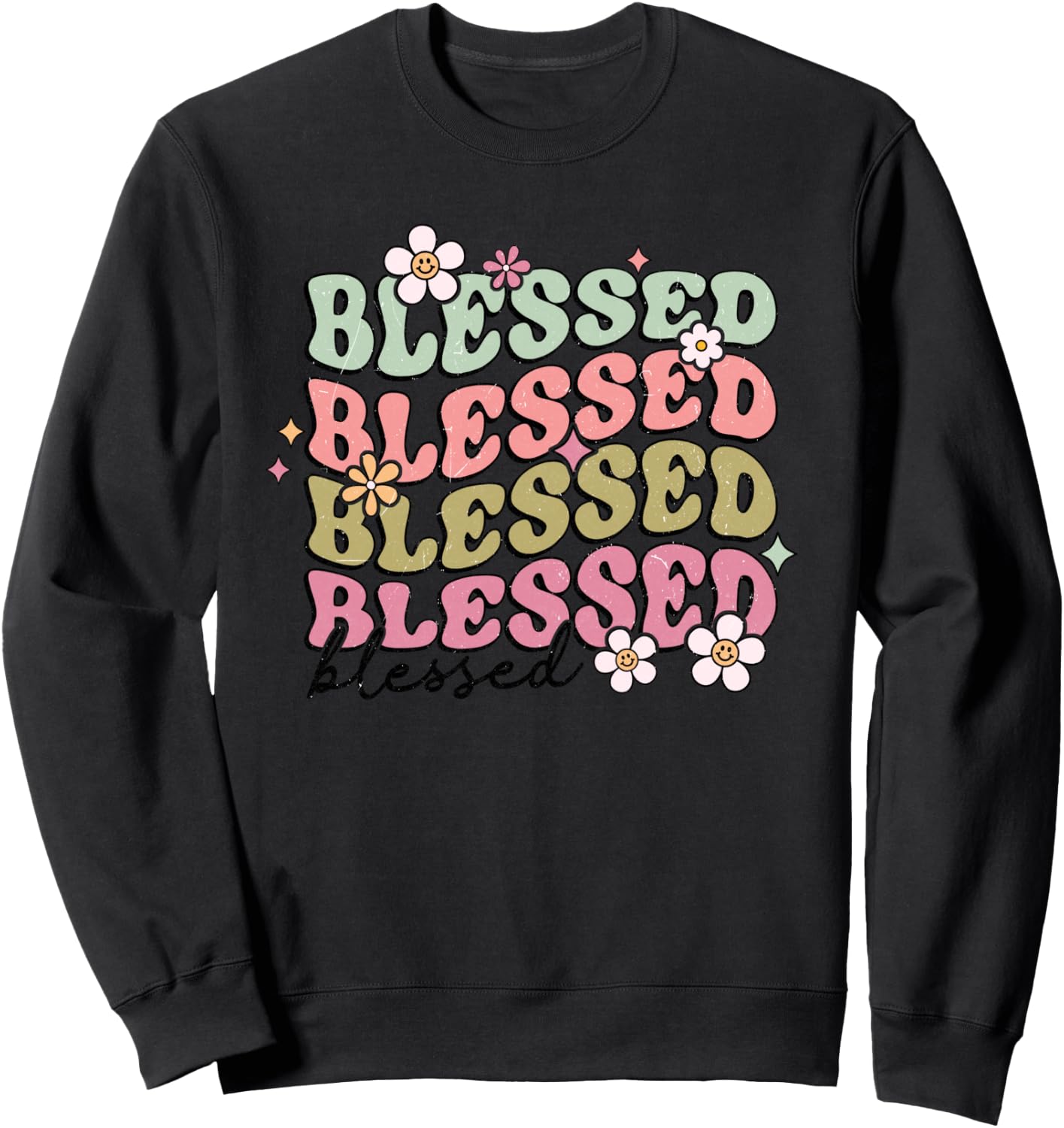 Retro Boho Blessed Religious Jesus Bible Graphic Christian Sweatshirt - Sweatshirt | Black