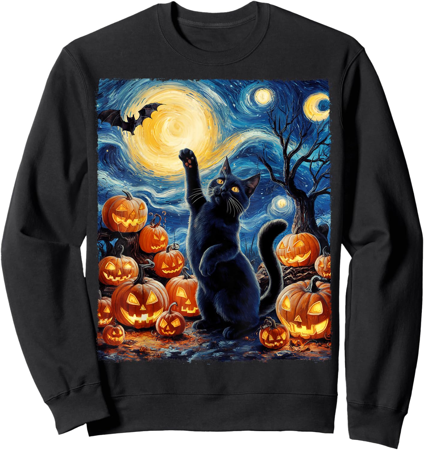 Halloween Cat Van Gogh Starry Night Pumpkin Gifts Men Women Sweatshirt - Sweatshirt | Black