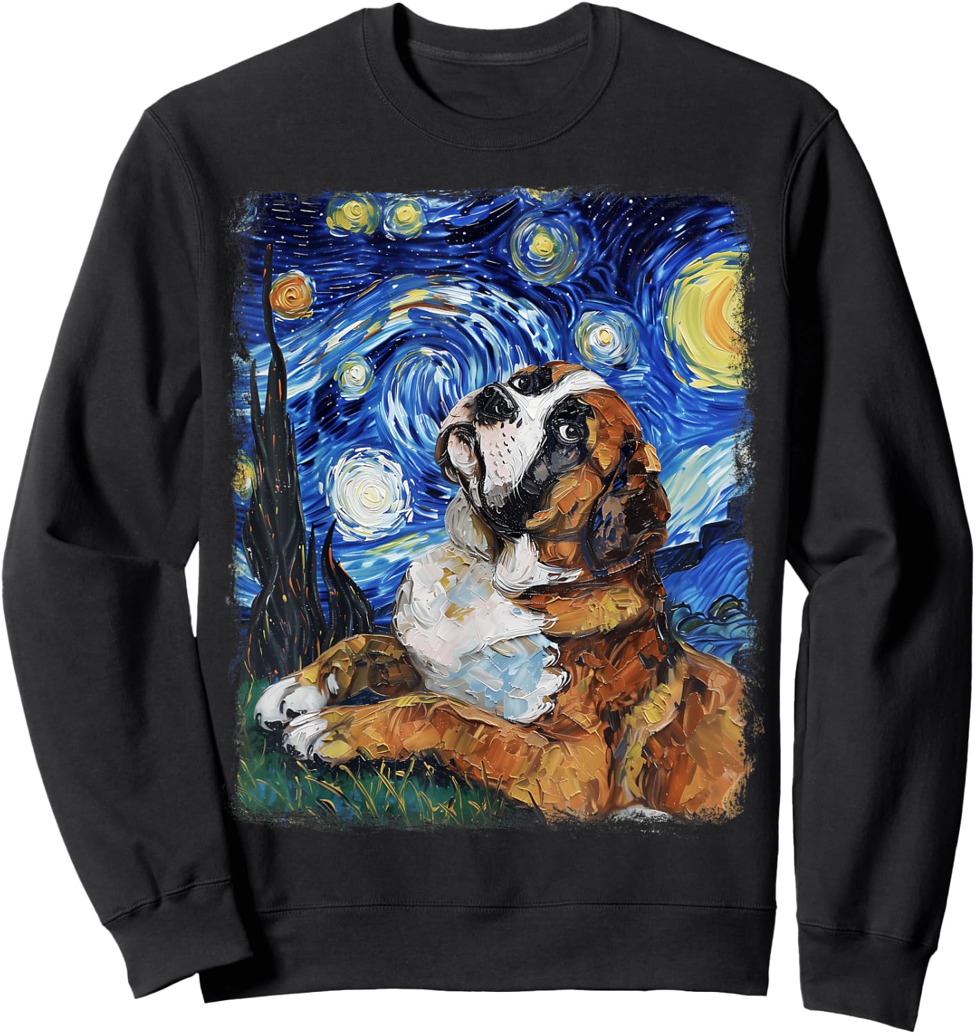St. Bernard Dog Starry Night Painting Sweatshirt - Sweatshirt | Black