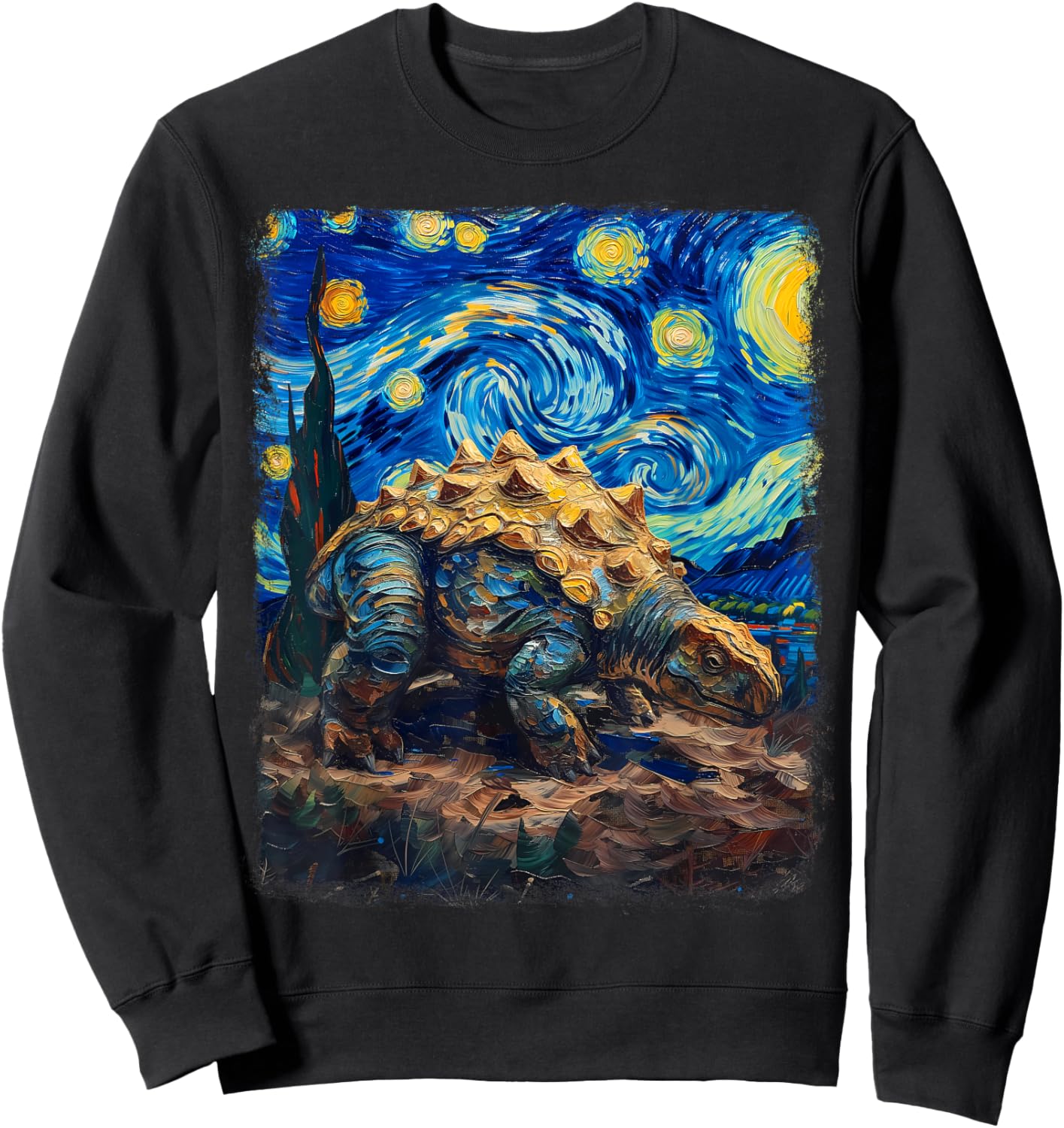 Ankylosaurus Dinosaur Starry Night Painting Sweatshirt - Sweatshirt | Black