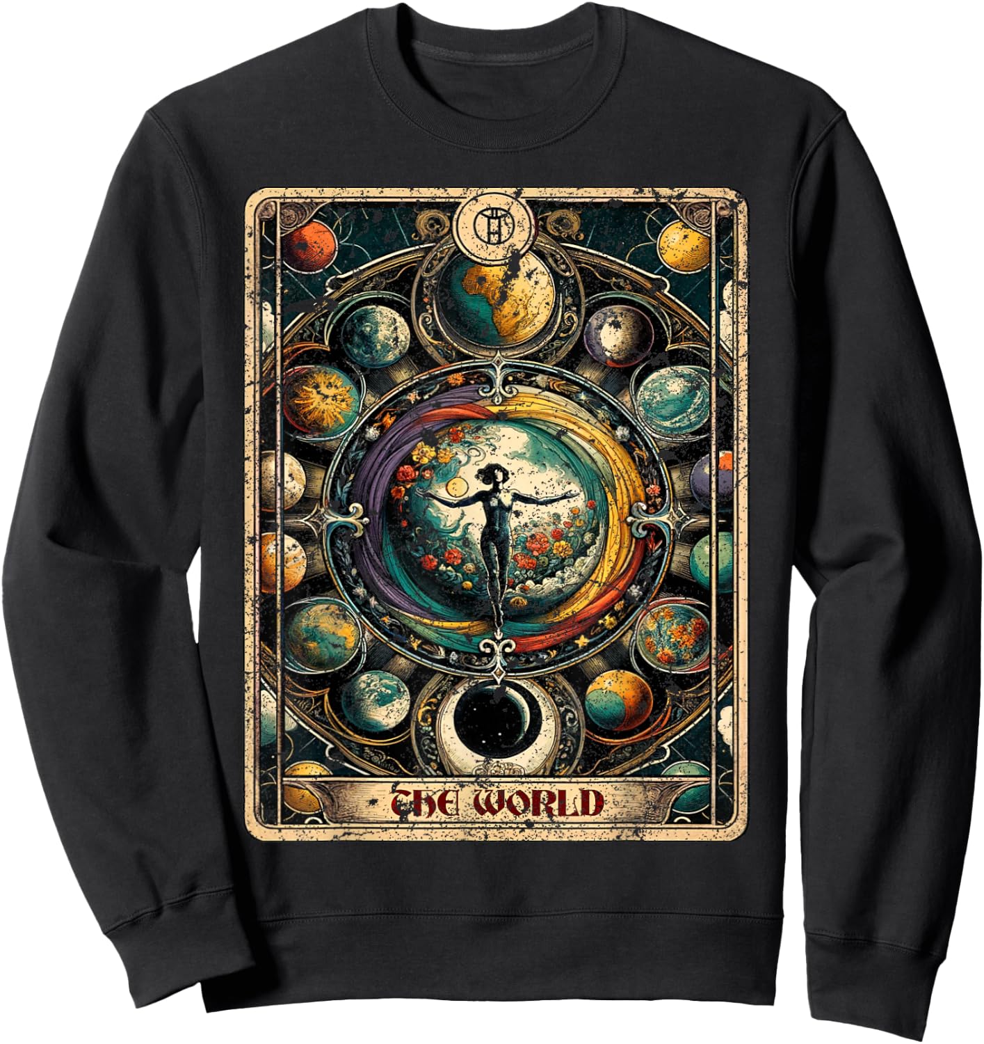 Distressed Grunge Worn Out Style The World Tarot Card Sweatshirt - Sweatshirt | Black