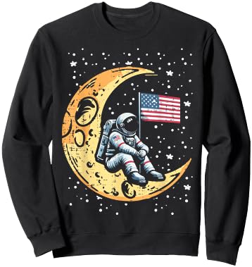 Astronaut Crescent Moon US Flag Space Patriot Men Women Kids Sweatshirt - Sweatshirt | Black