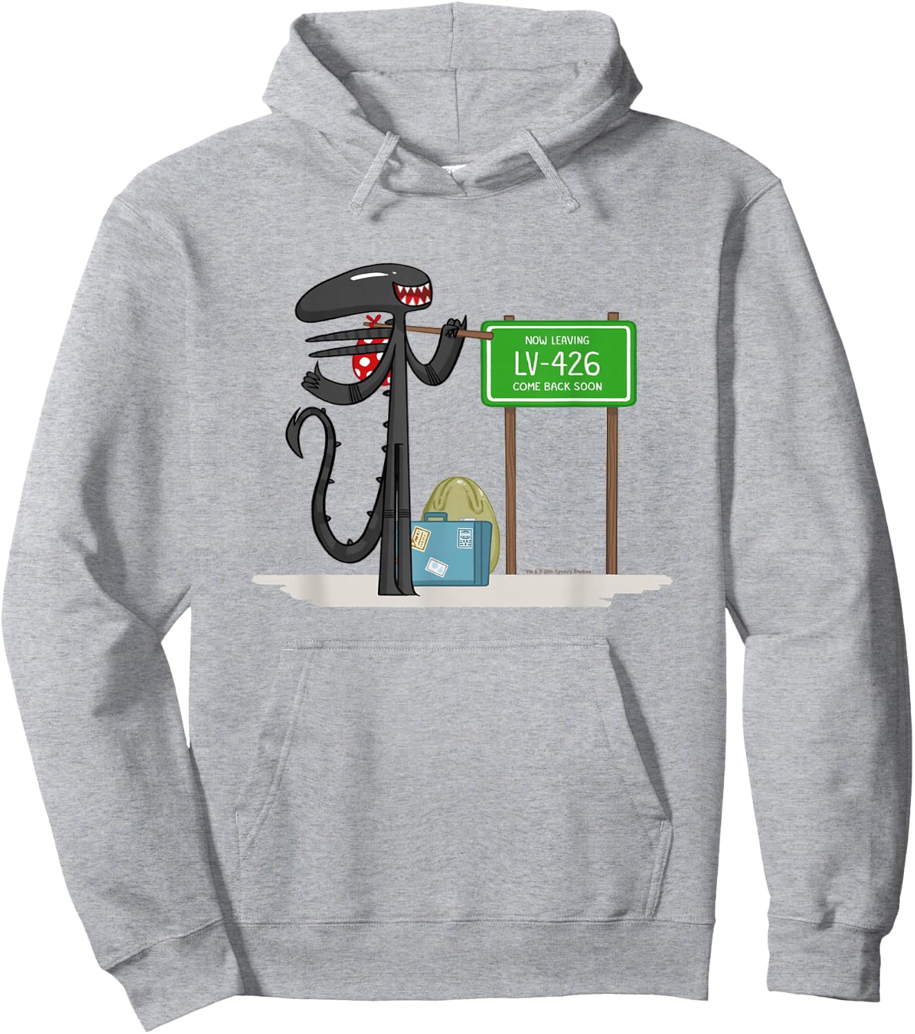 Aliens Cute Animated Xenomorph Leaving LV-426 Big Chest Logo Hoodie - Hoodie | Ash