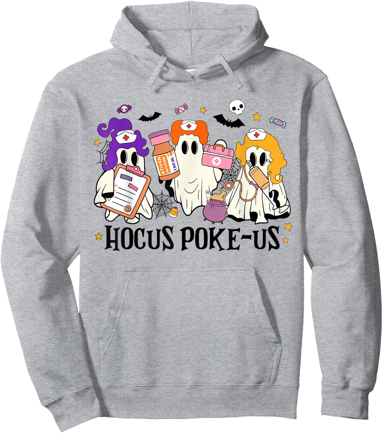 Retro Funny Hocus Poke-us Spooky Nurse Halloween Cute Ghost Hoodie - Hoodie | Ash