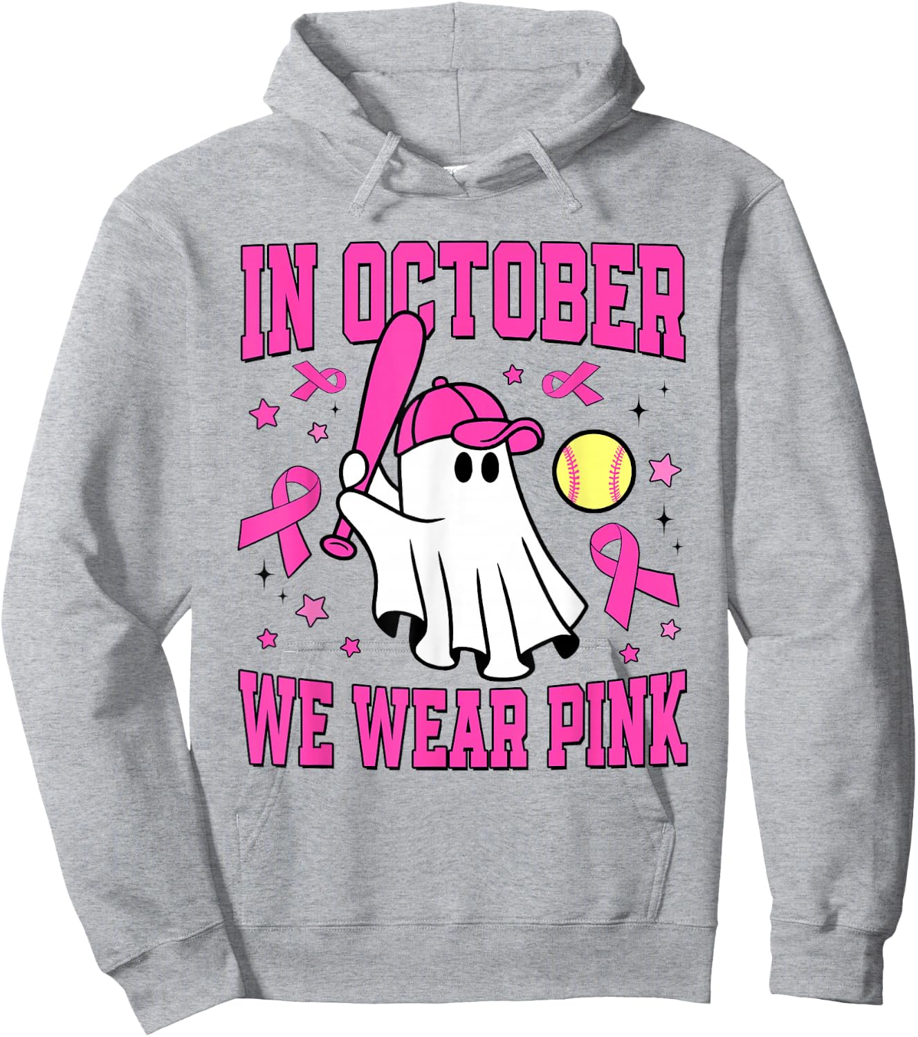 In October We Wear Pink Ghost Softball Funny Breast Cancer Hoodie - Hoodie | Ash