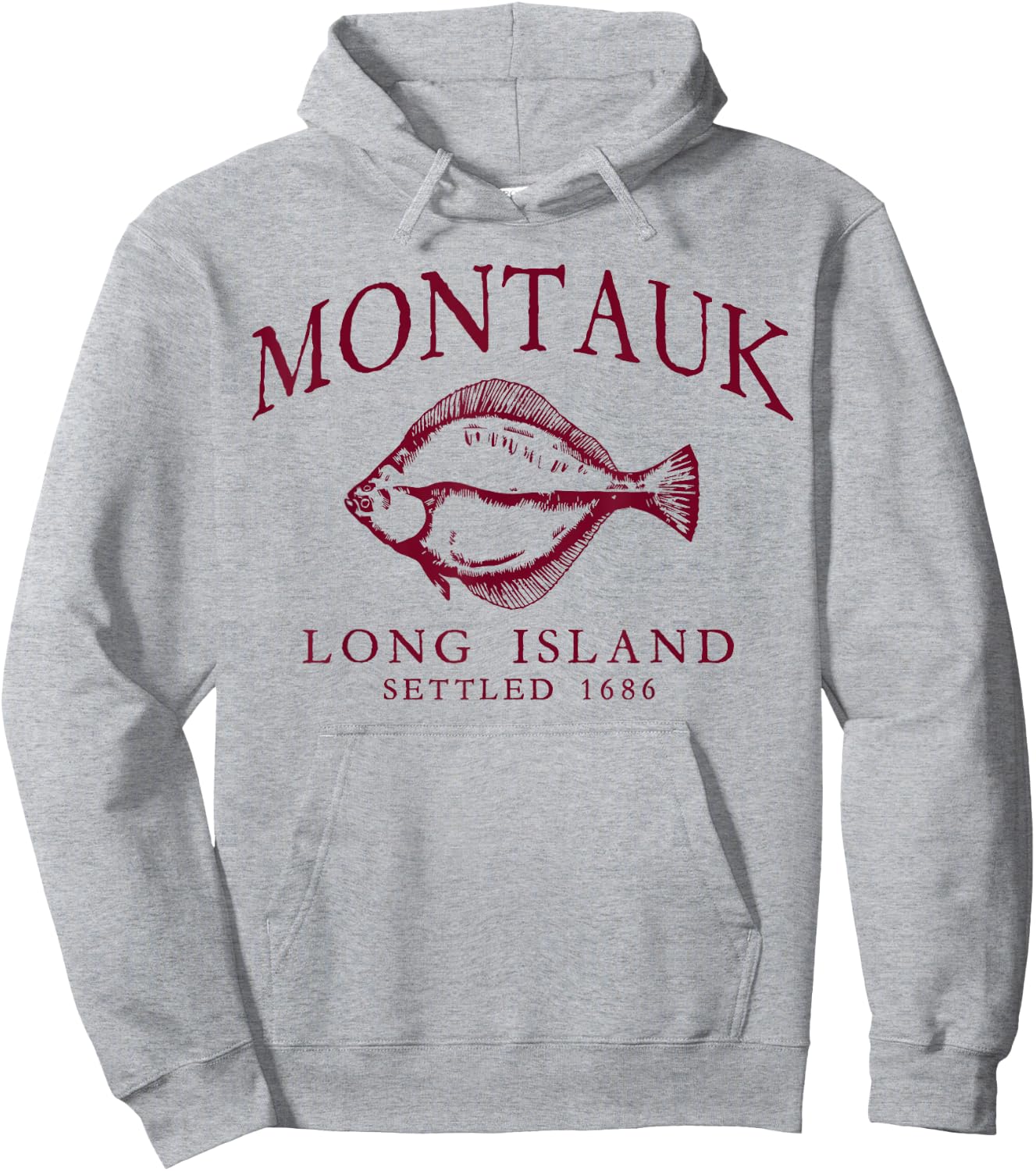 Montauk Long Island Settled 1686 Fluke Flounder Fishing Red Hoodie - Hoodie | Ash