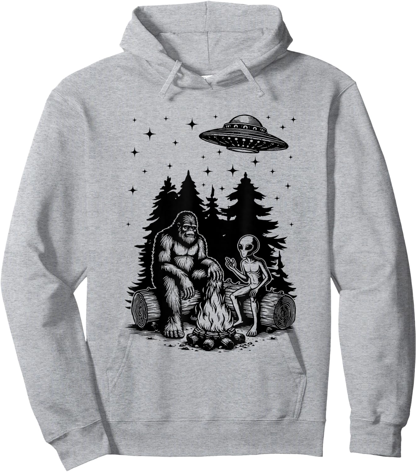 Alien And Bigfoot Campfire Sasquatch UFO For Outdoor Lovers Hoodie - Hoodie | Ash