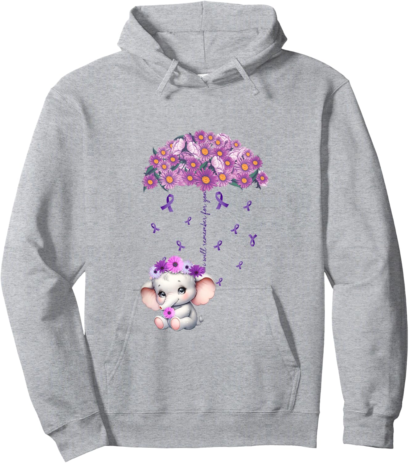 Cute Purple Elephant Alzheimer's Awareness I will Remember Hoodie - Hoodie | Ash