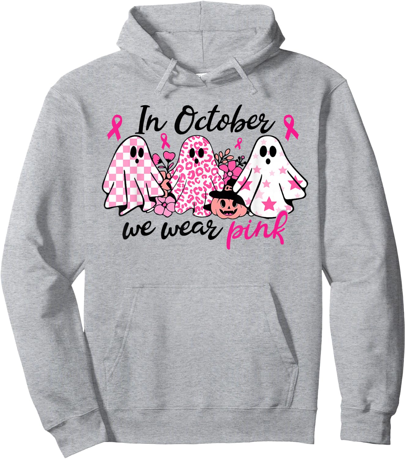 In October We Wear Pink Ghost Breast Cancer Halloween Hoodie - Hoodie | Ash