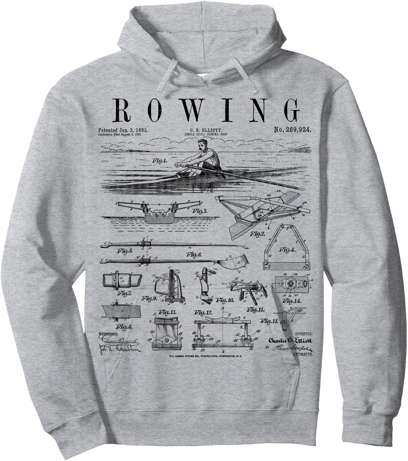 Rowing Sport Rower Sculling Single Scull Boat Vintage Patent Hoodie - Hoodie | Ash