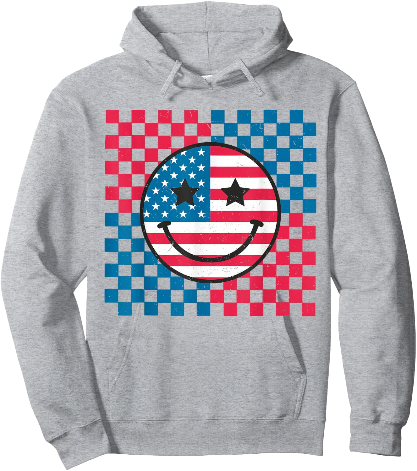 USA Checkerboard 4th Of July Happy Face American Girls Kids Men Hoodie - Hoodie | Ash