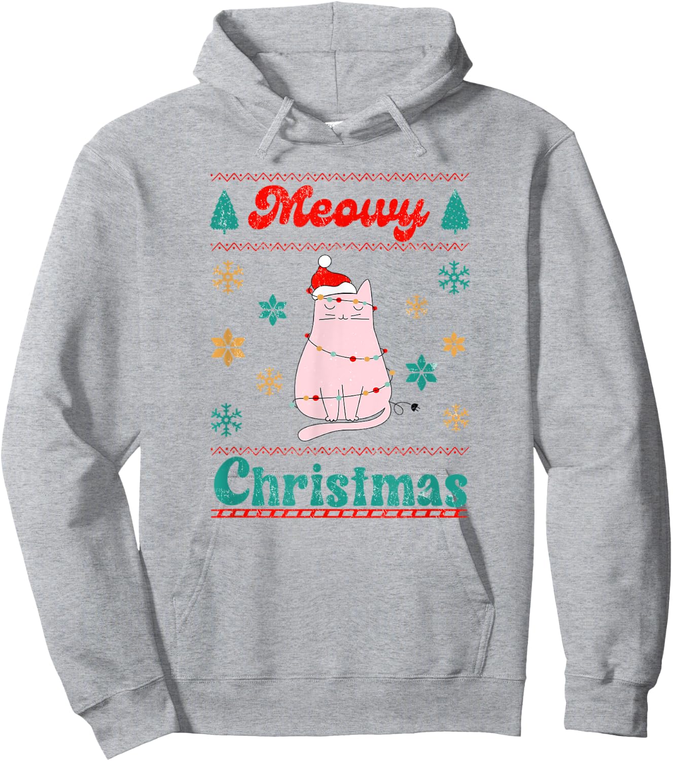 Meowy Catmas Christmas Cat in Santa Hat & Christmas Lights Hoodie - Hoodie | Ash