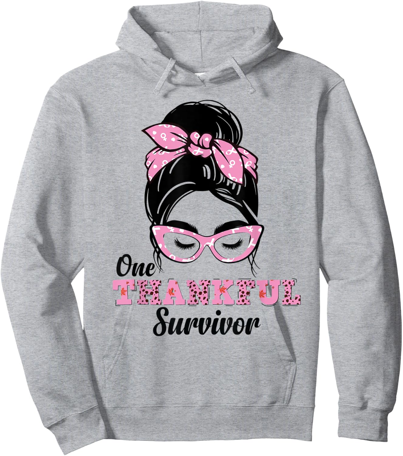 One Thankful Survivor Messy Bun Breast Cancer Awareness Hoodie - Hoodie | Ash