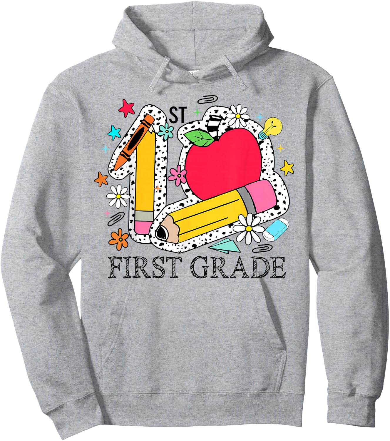 First Grade 1st Grade Teacher Pencil Apple Back To School Hoodie - Hoodie | Ash