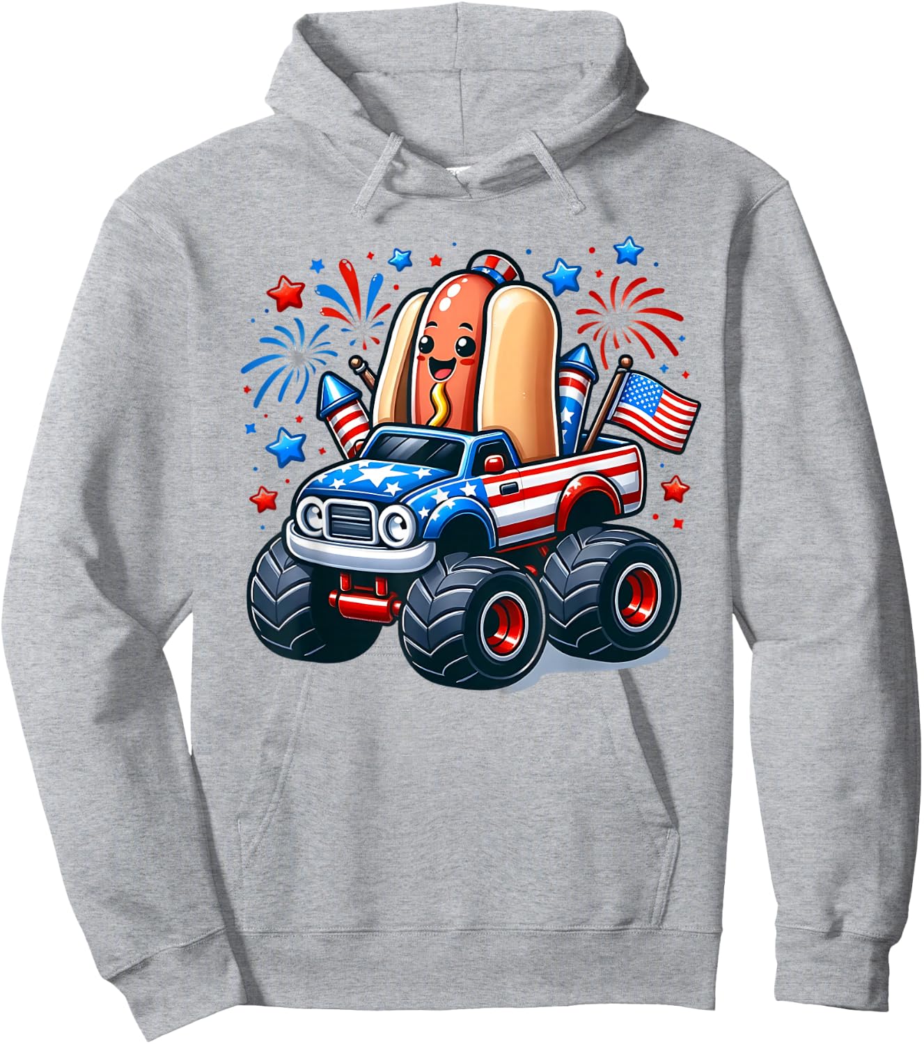 4th of July Shirts Boys Kids Hot Dog Red White Blue USA Flag Hoodie - Hoodie | Ash