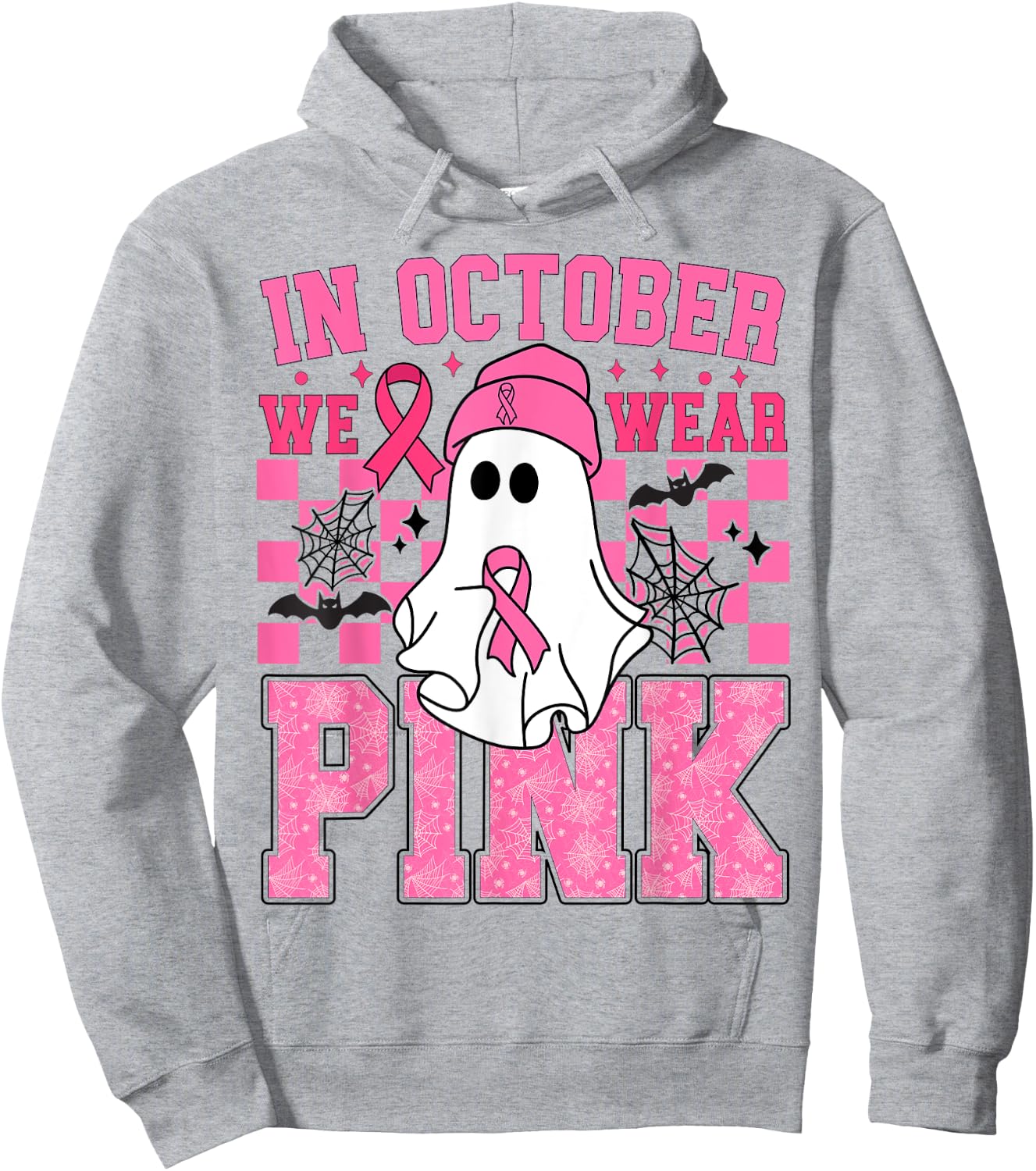 In October We Wear Pink Breast Cancer Awareness Halloween Hoodie - Hoodie | Ash