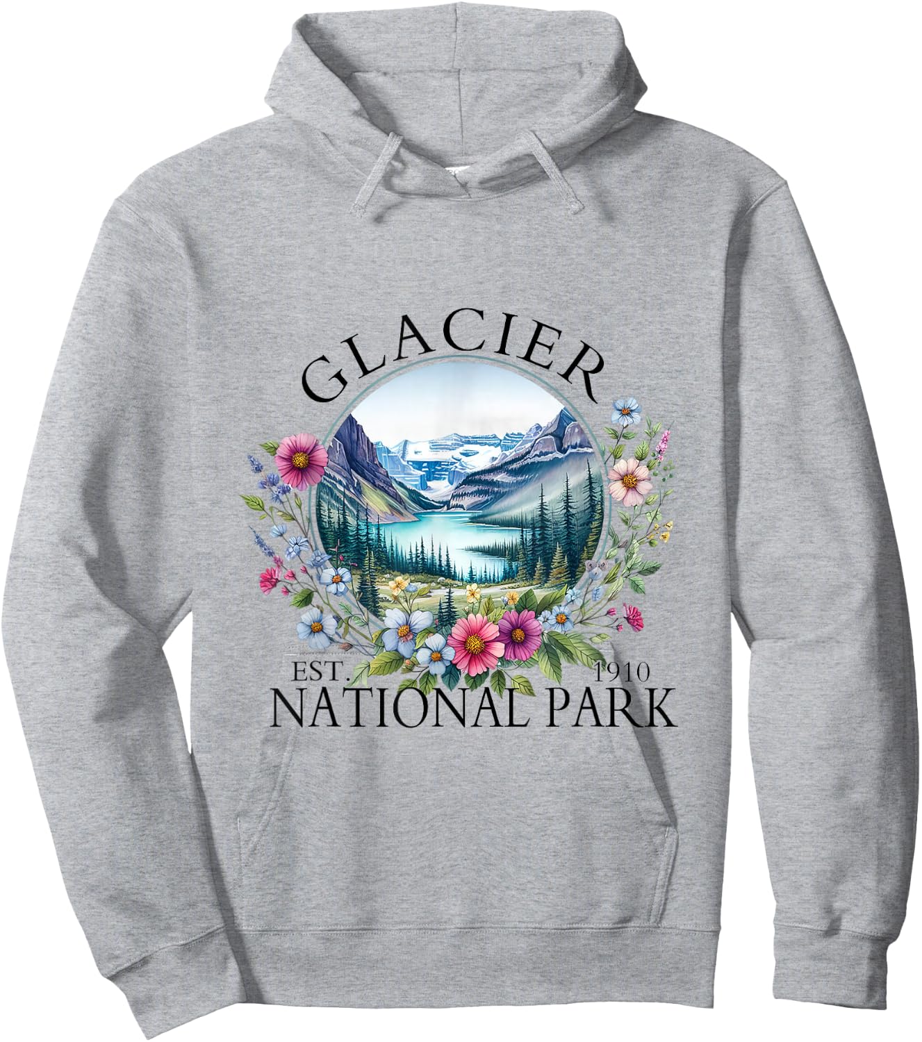 Retro Floral Glacier National Park Hiking Camping Outdoor Hoodie - Hoodie | Ash