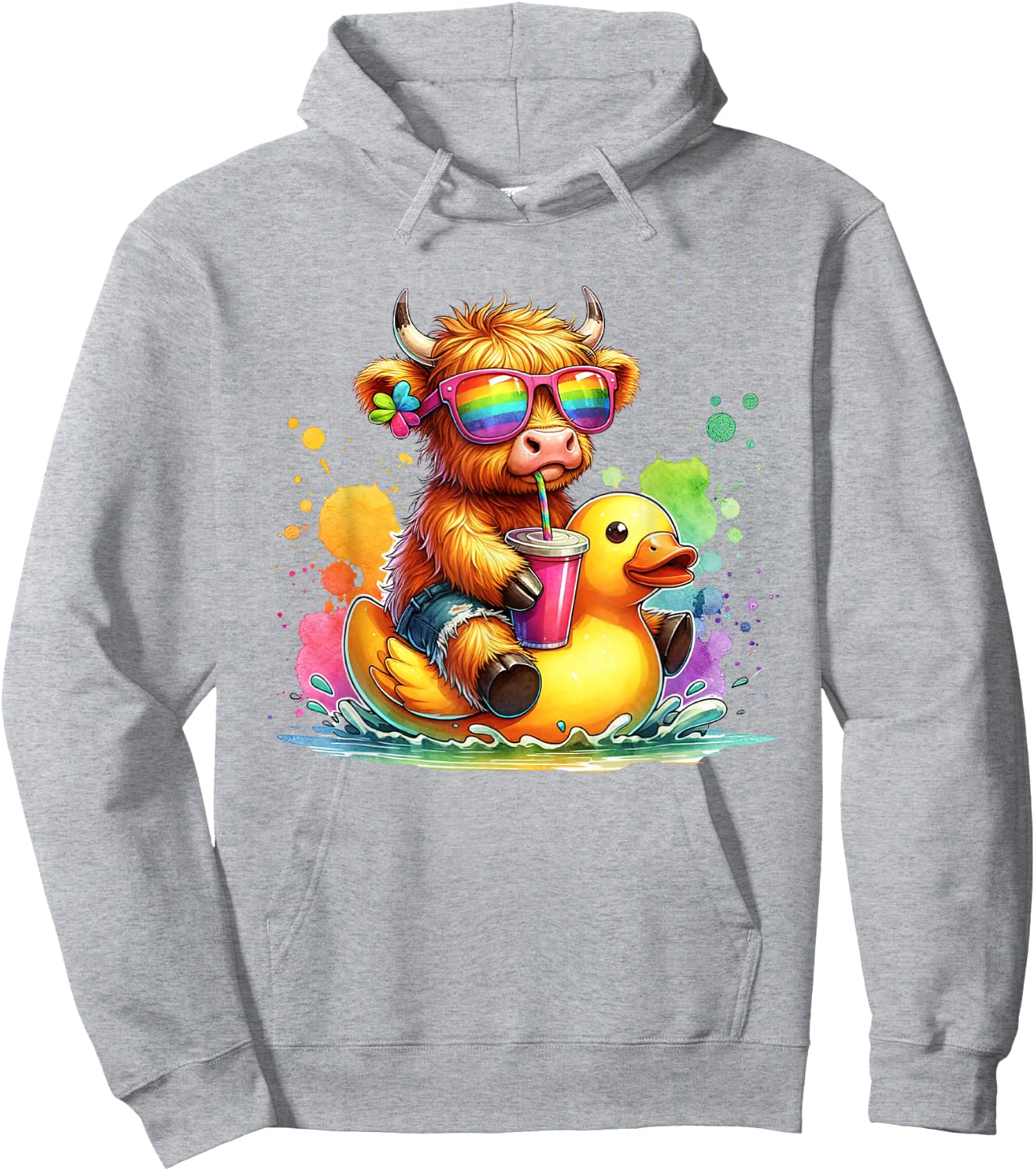 Cute Highland Cow Duck Pool Float Summer Vibes Swimming Hoodie - Hoodie | Ash
