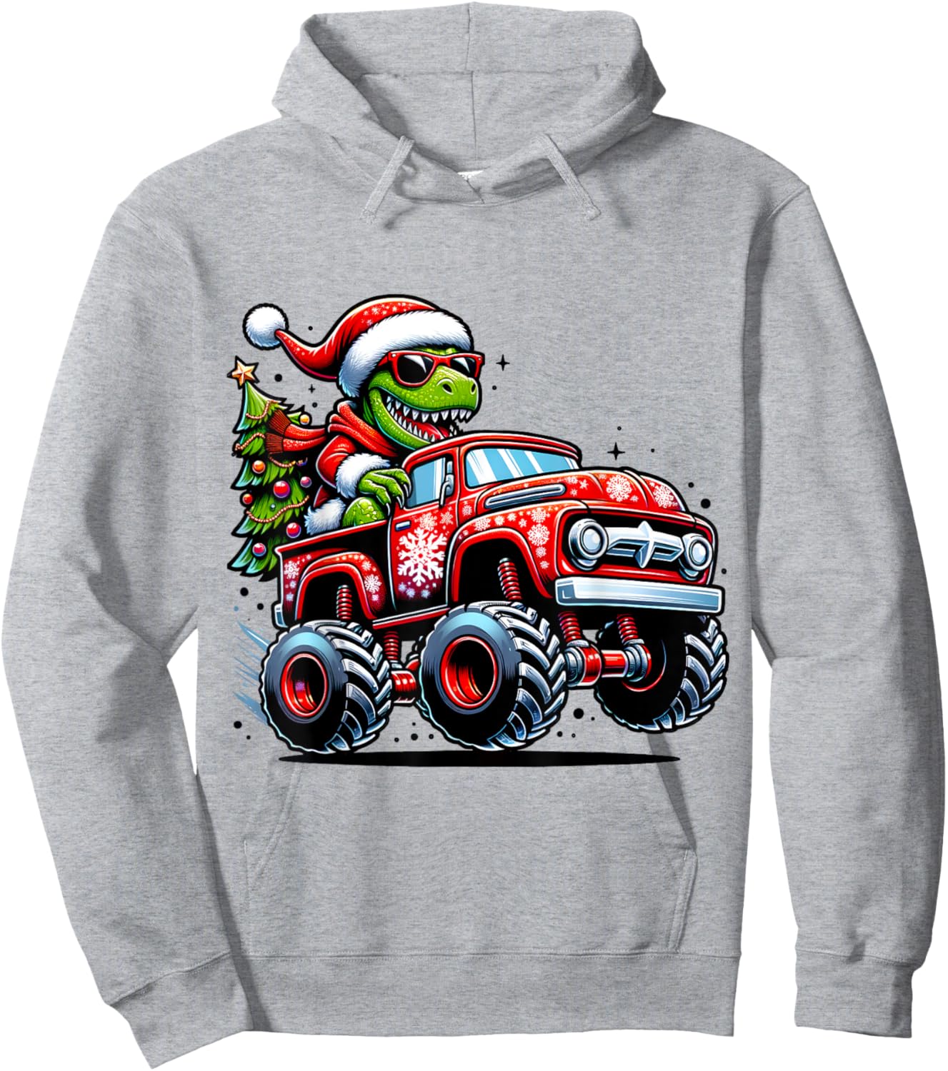 Christmas T Rex Monster Truck Boys Dinosaur Santa Xmas Funny Hoodie - Hoodie | Ash