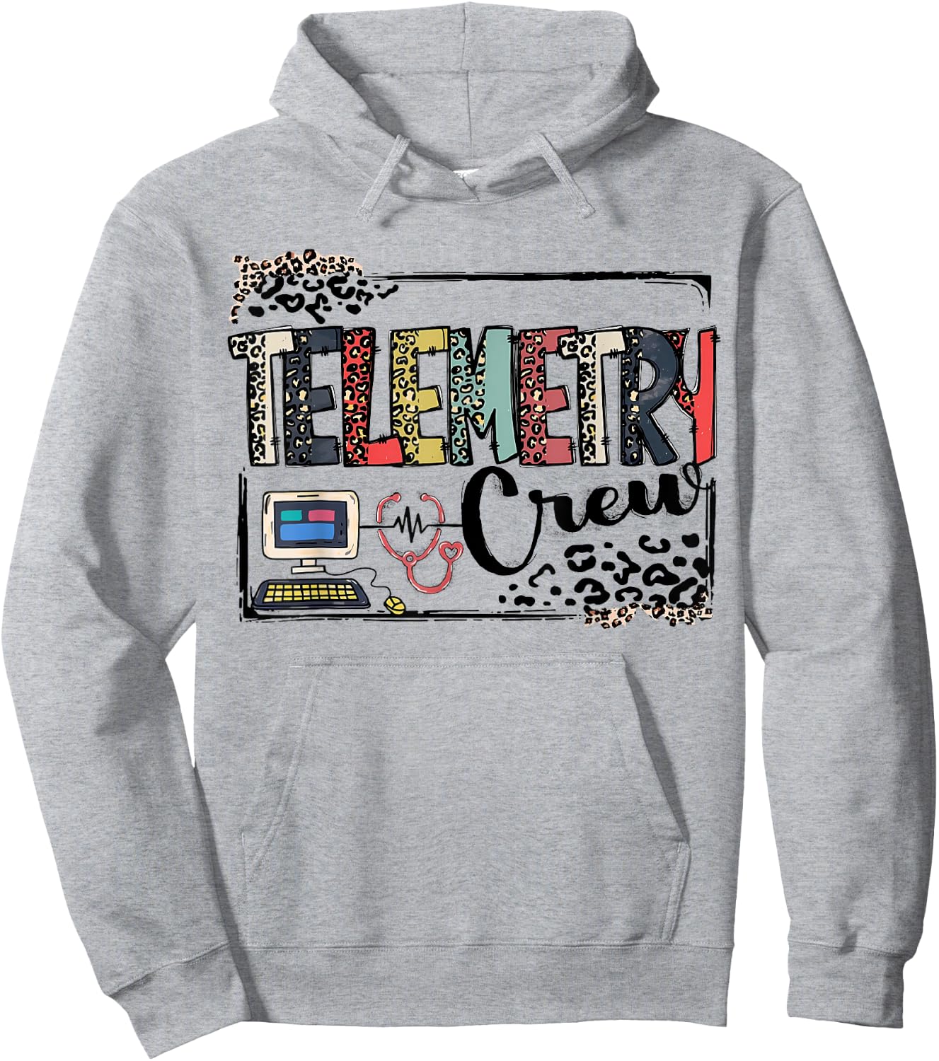 Leopard Lettering Telemetry Crew Cardiac Telemetry Tech Hoodie - Hoodie | Ash
