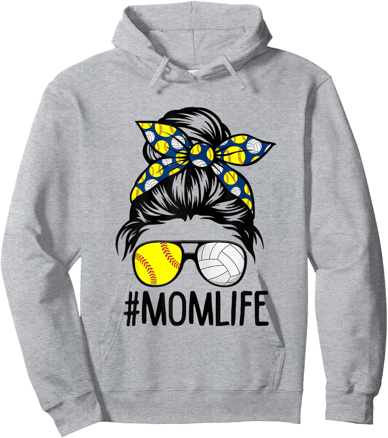 Dy Mom Life Softball Volleyball Mothers Day Messy Bun Hoodie - Hoodie | Ash
