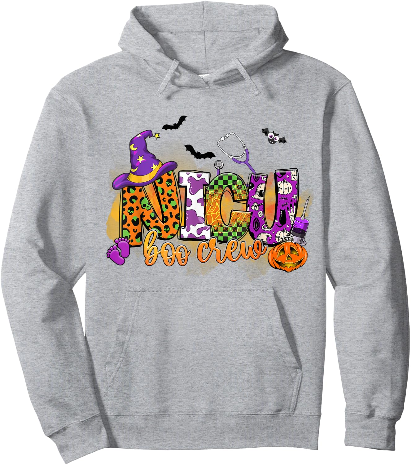 NICU Boo Crew Pumpkin Witch Hat Funny Halloween Hoodie - Hoodie | Ash