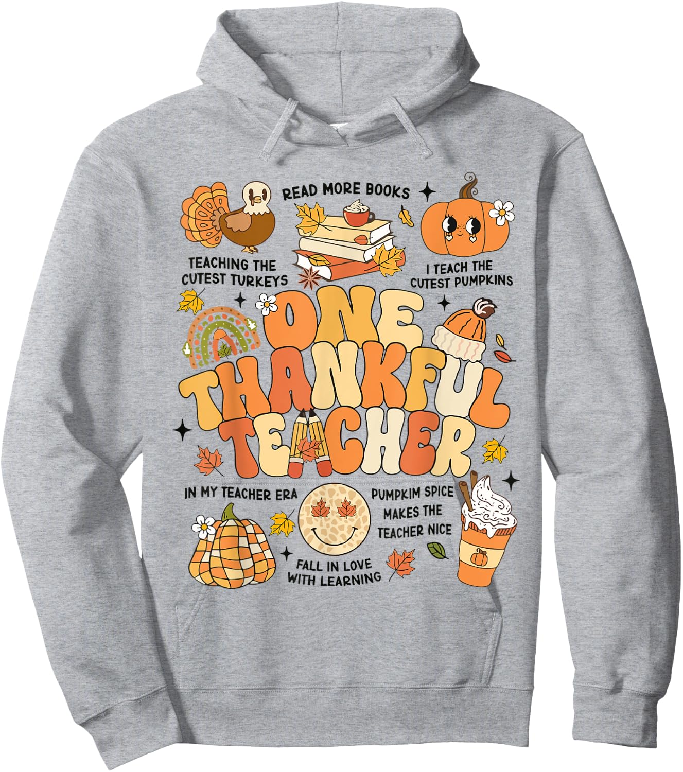 One Thankful Teacher Thanksgiving Retro Autumn Fall Teachers Hoodie - Hoodie | Ash