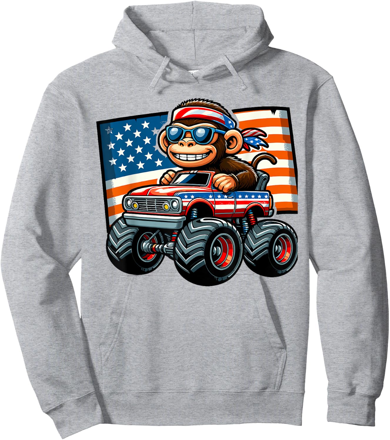 Patriotic Monkey 4th July Monster Truck American Women Kids Men Hoodie - Hoodie | Ash
