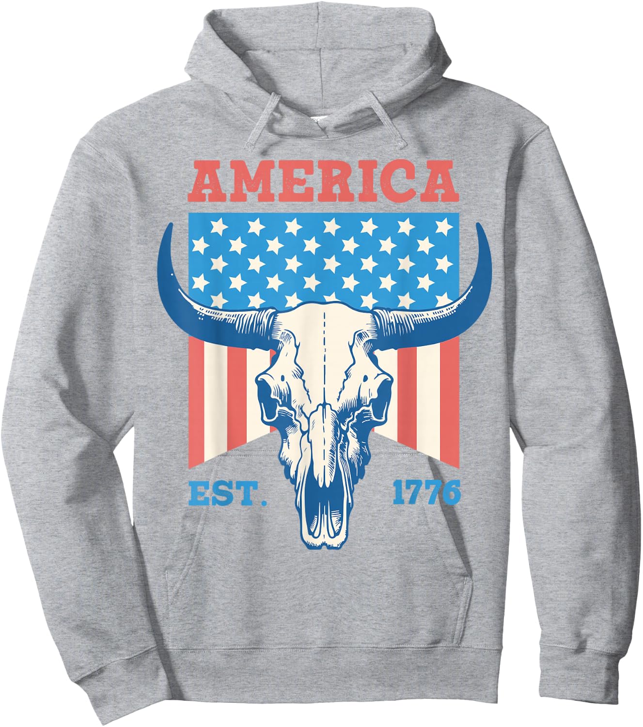 America Est 1776 Vintage Bull Skull US Flag 4th of July Women Kids Men Hoodie - Hoodie | Ash