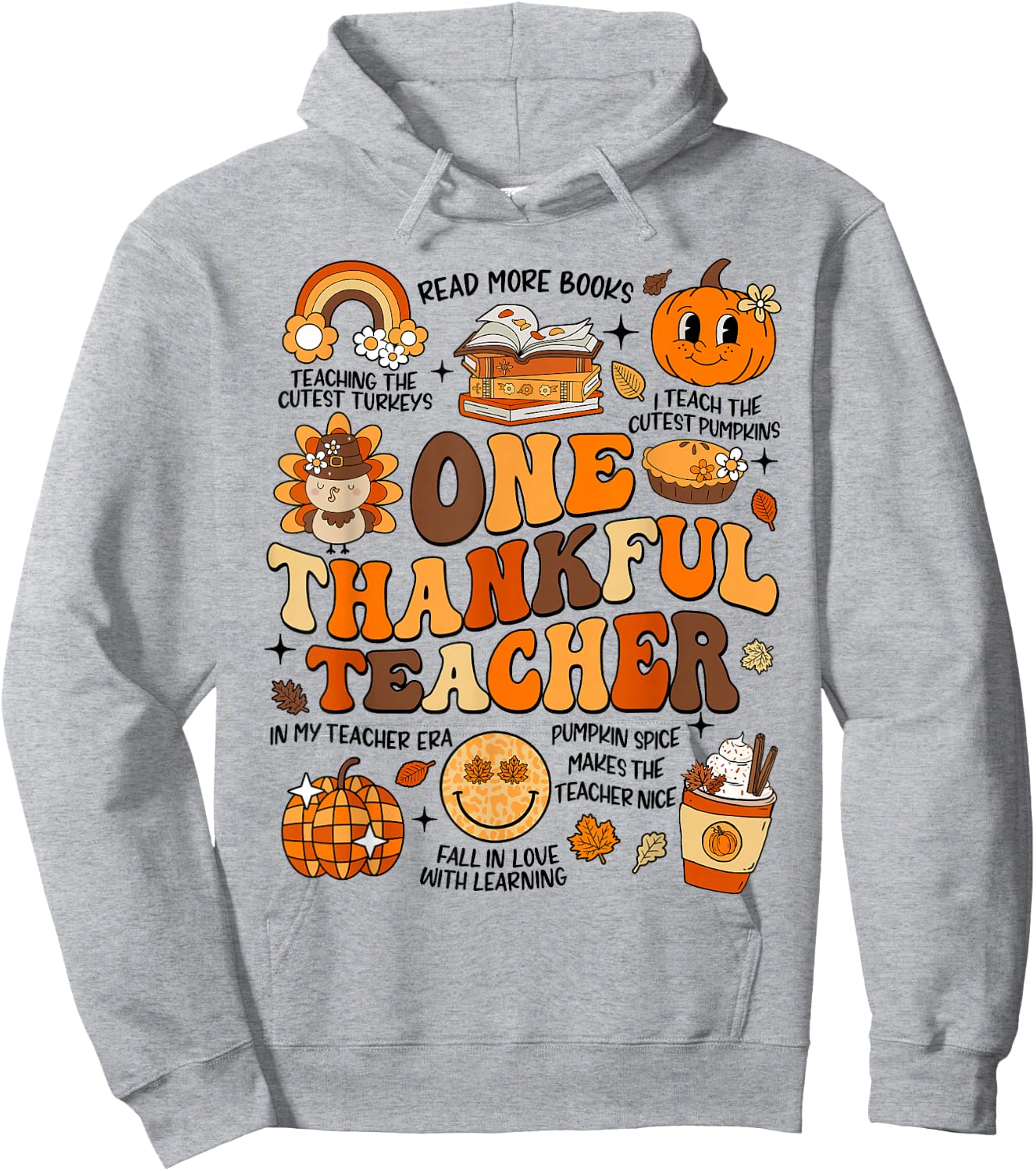 One Thankful Teacher Thanksgiving Retro Groovy Fall Teachers Hoodie - Hoodie | Ash