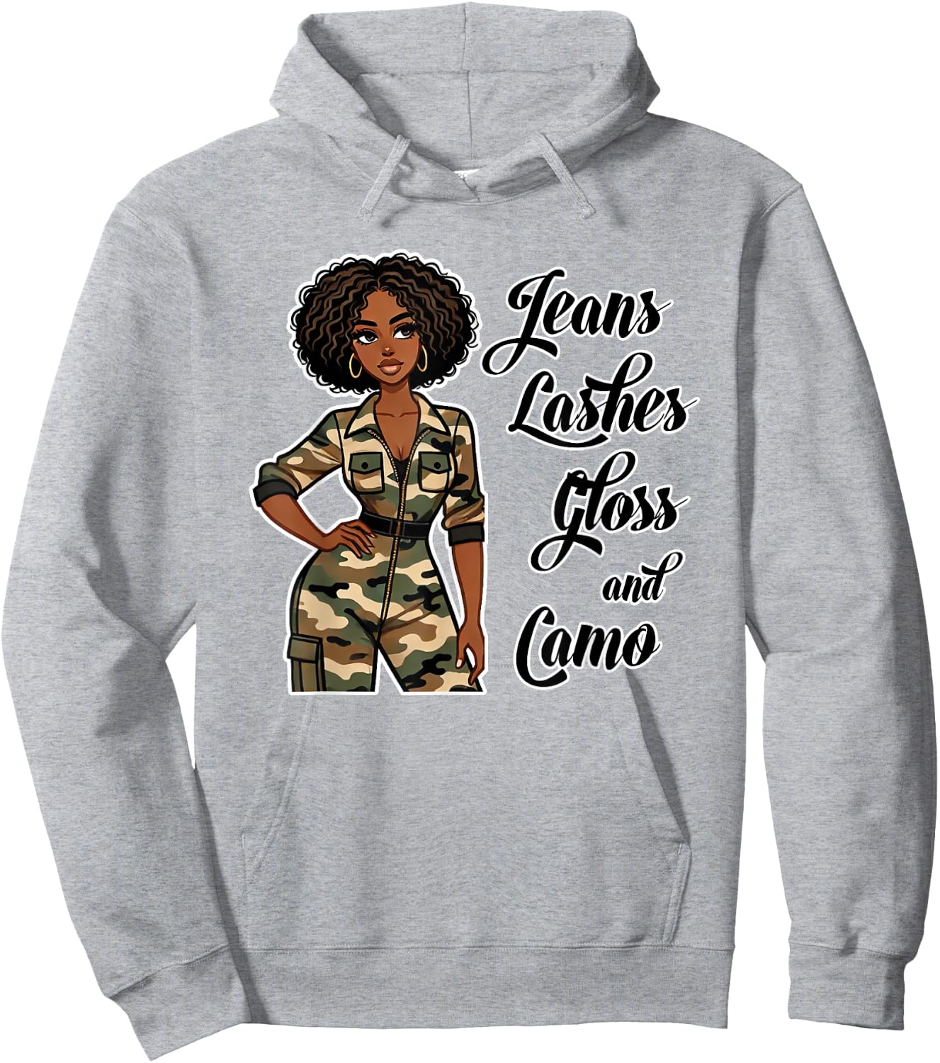 Jeans Lashes Gloss and Camo Black Woman Afro Hoodie - Hoodie | Ash