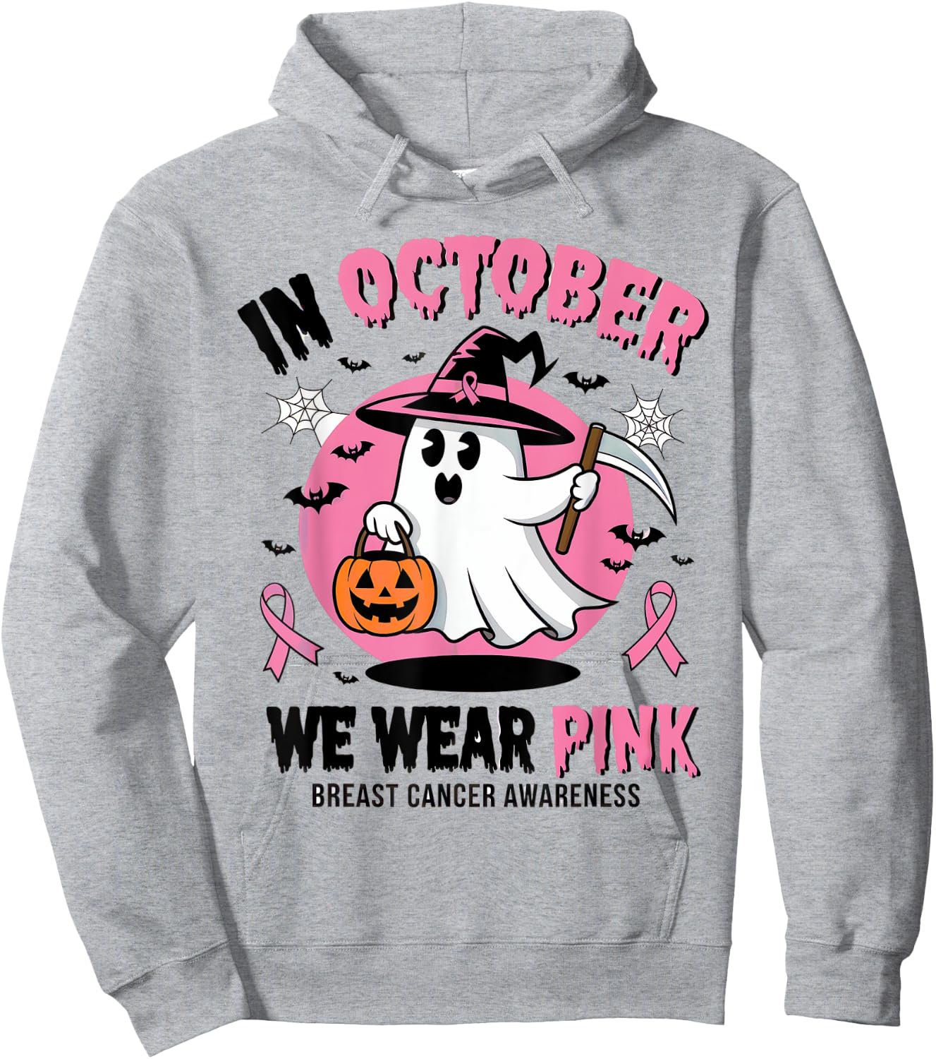 In October We Wear Pink Ghost Witch Breast Cancer Awareness Hoodie - Hoodie | Ash