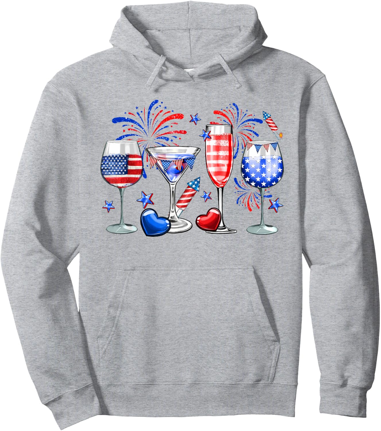 Wine Glasses 4th Of July Drinking Red White Blue USA Flag Hoodie - Hoodie | Ash