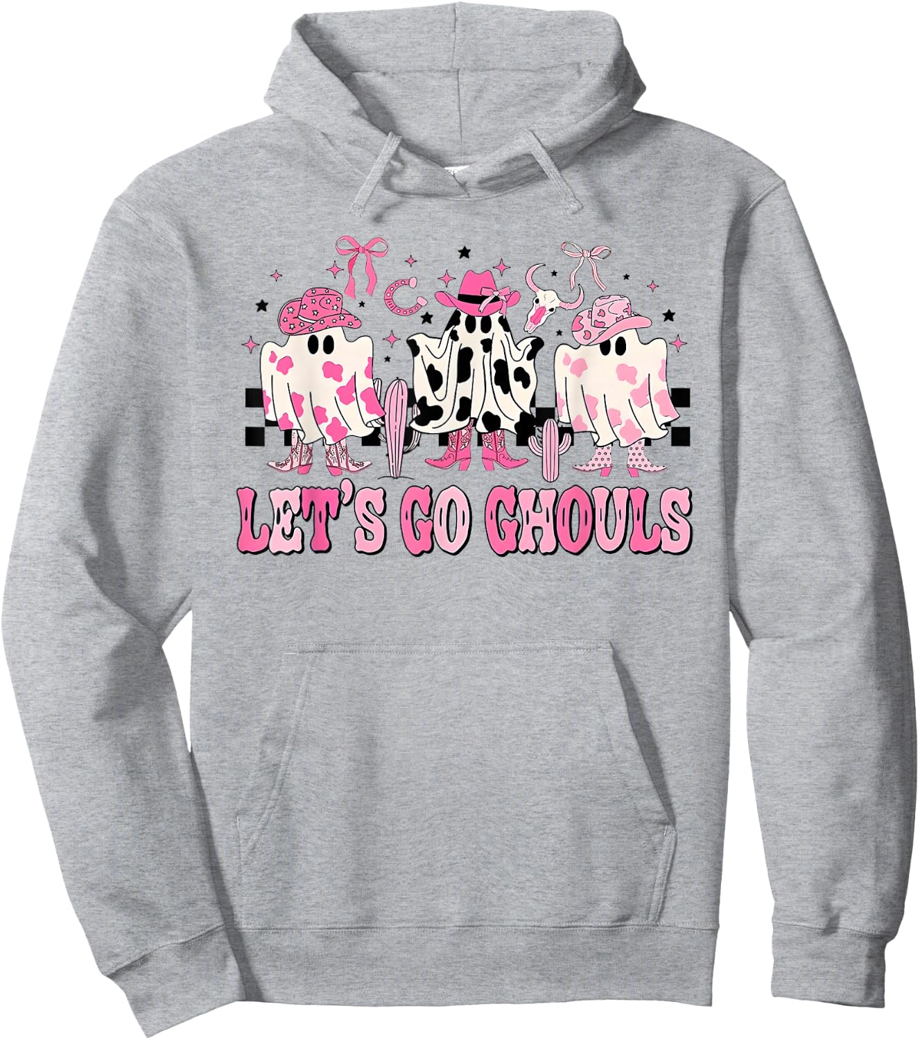 Lets Go Ghouls Groovy Pink Ghost Halloween Western Cowgirl Hoodie - Hoodie | Ash