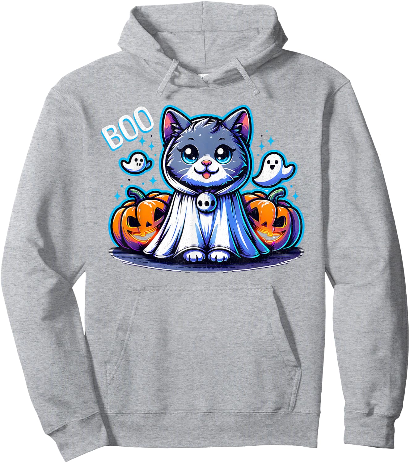 Ghost Cat Boo Funny Cat Pumpkin BOO Kitty Cat Halloween Women Kids Hoodie - Hoodie | Ash