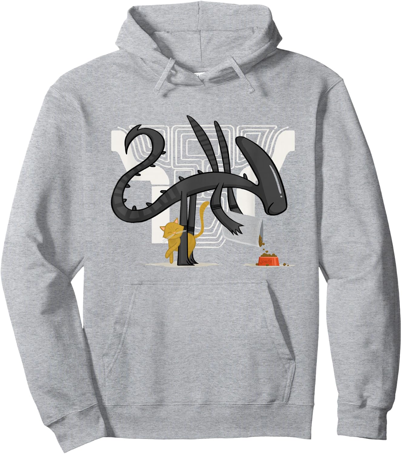Aliens Cute Animated Xenomorph Feeding Cat Big Chest Logo Hoodie - Hoodie | Ash