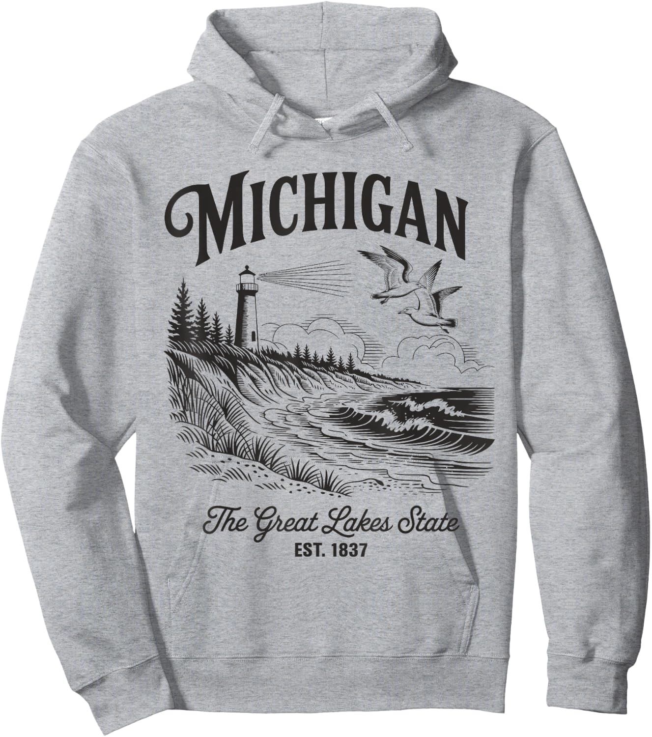 Michigan Lighthouse Waves Scene The Great Lakes State Nature Hoodie - Hoodie | Ash