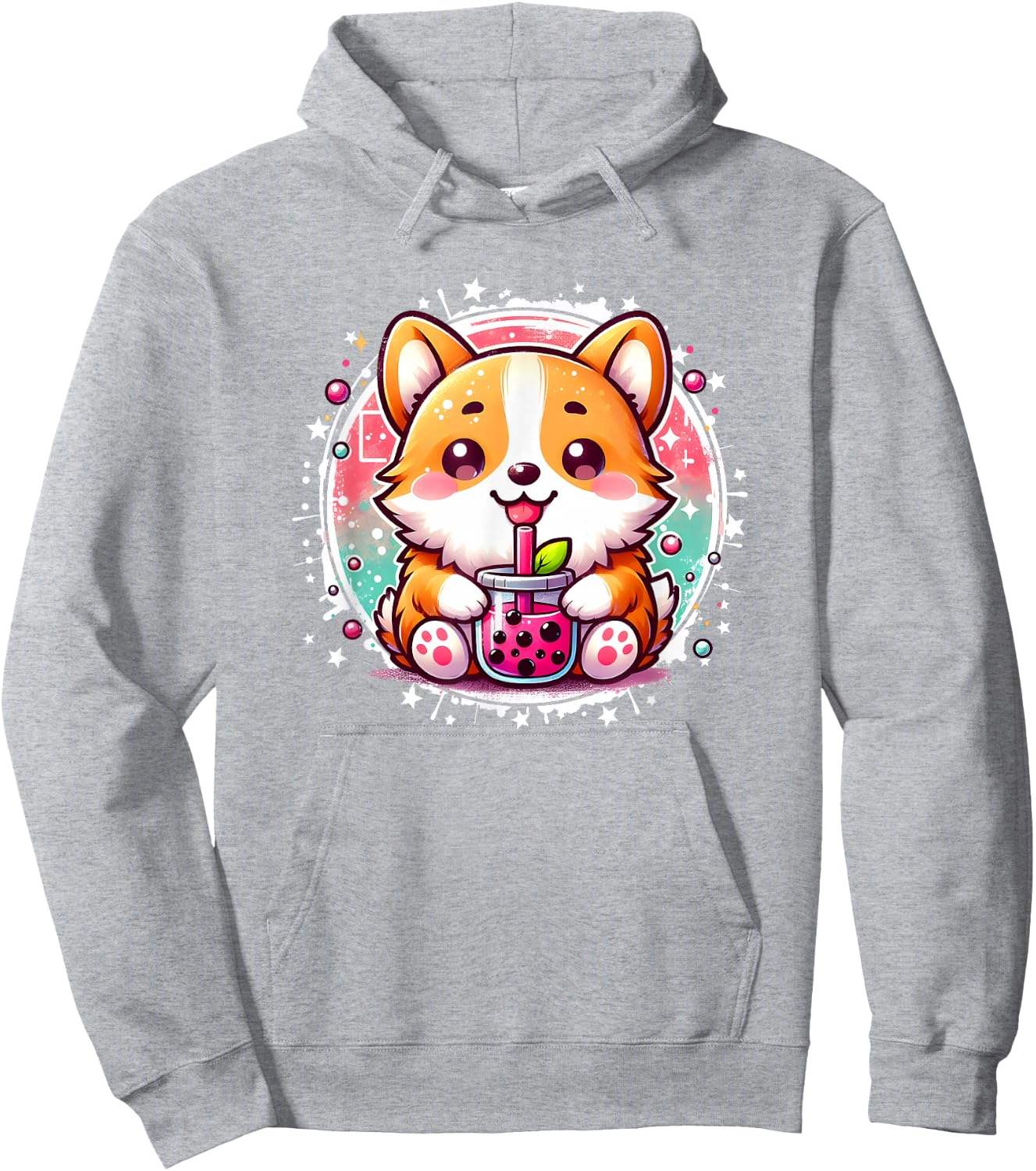 Cute Kawaii Stuff Corgi Dog Drinks Boba Bubble Tea Anime - Pink, Small, , Short Sleeve, Anime Themed Corgi Dog Hoodie - Hoodie | Ash