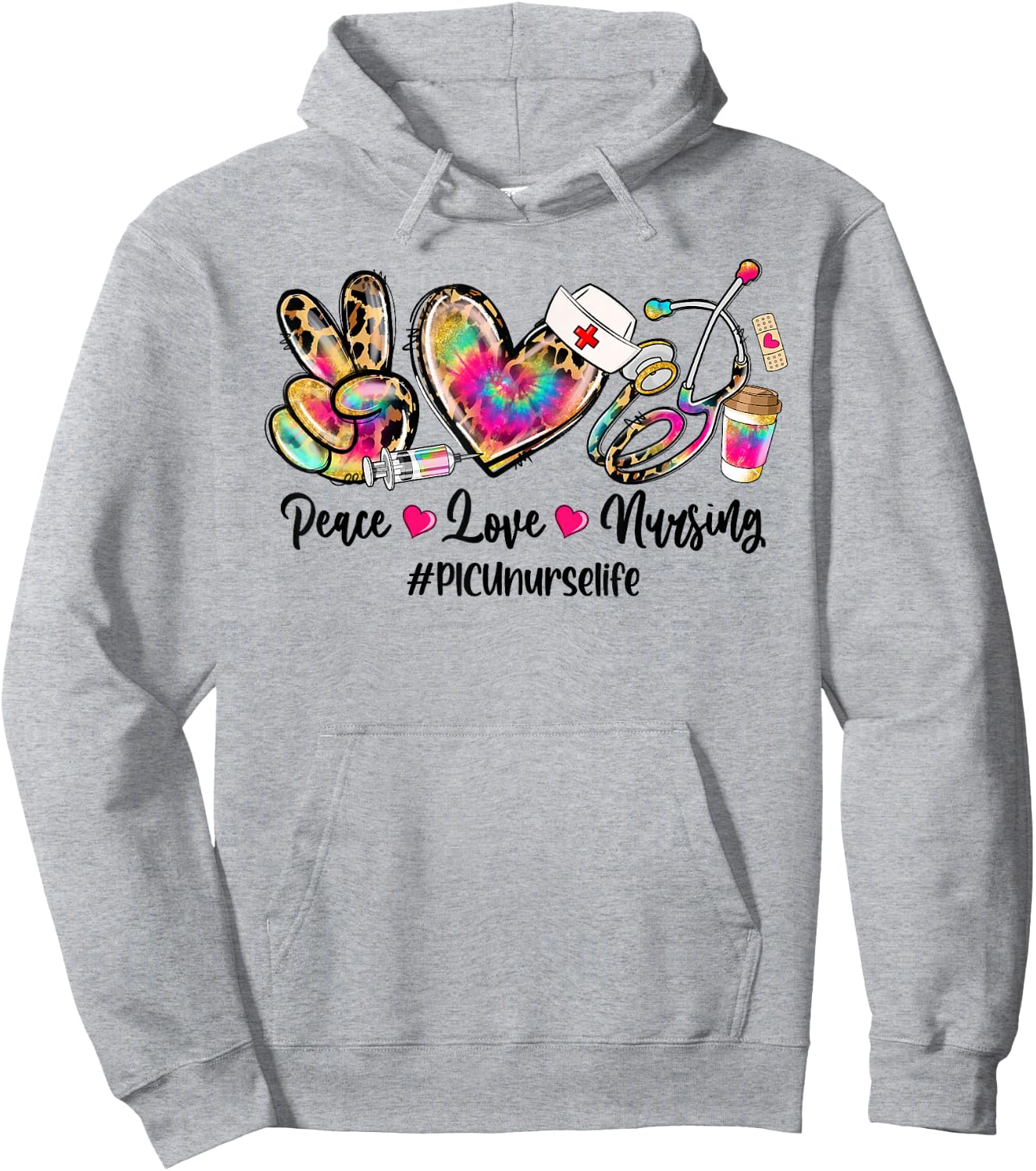 Peace Love Nursing PICU Nurse Life Stethoscope Tie Dye Hoodie - Hoodie | Ash
