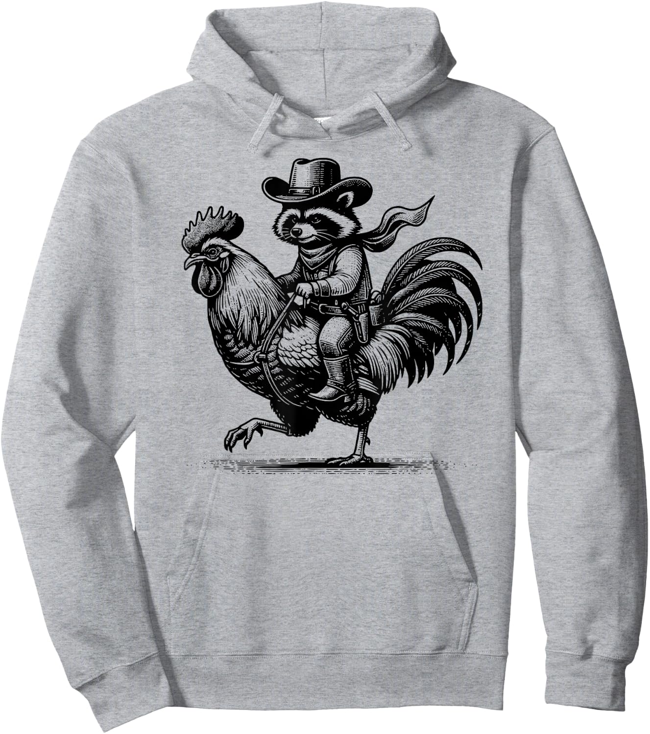 Funny Raccoon With Cowboy Hat & Boots Riding Rooster Vintage Hoodie - Hoodie | Ash